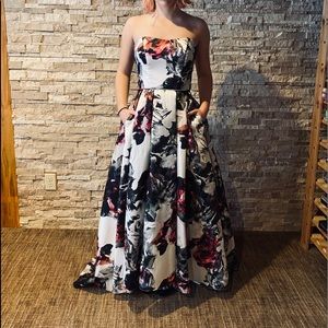 Strapless high low floral prom dress
